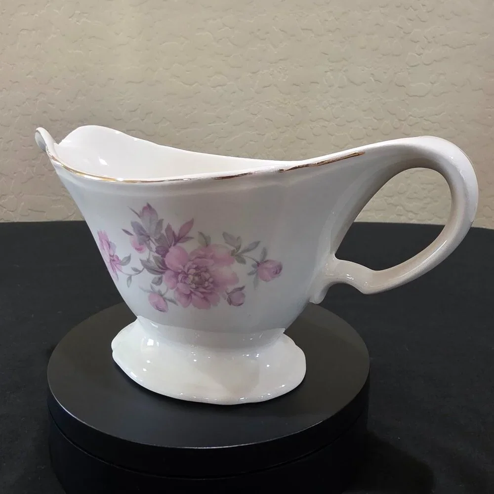 1952 Handled Floral Gravy Boat Edwin M. Knowles Light Pink Rose Gold Trimmed
